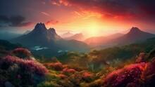 AI Generated Illustration Of A Stunning Mountain Landscape With Fields Of Vibrant Flowers At Sunset