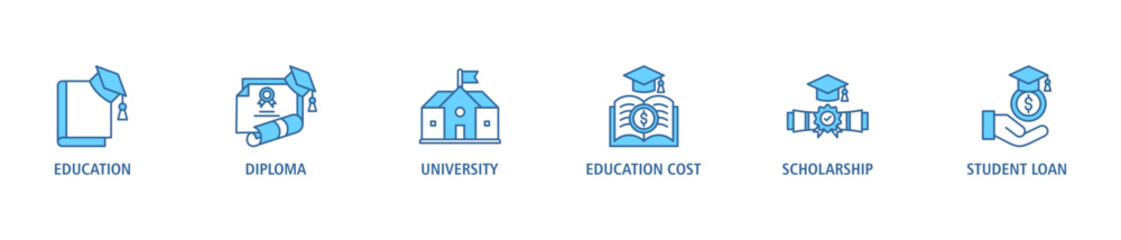 Wall Mural - Scholarship banner web icon set vector illustration concept with icon of education, diploma, university, education cost, scholarship, loan student