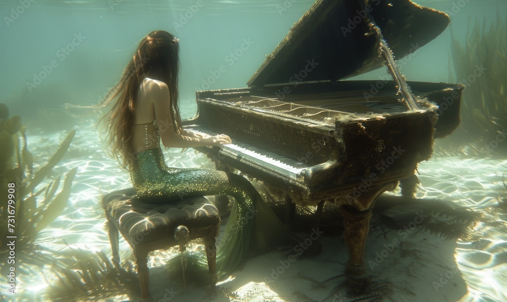 Young woman playing a grand piano in the ocean. Mermaid playing a piano ...