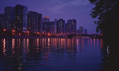 skyscrapers over the lake at sunset. night urban landscape