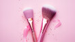 Two Pink Makeup Brushes with confetti on pink background with copy space, Transparent Pink Diamond Handle makeup brushes , Flat lay top view copy space Makeup accessories holiday birthday,AI generated