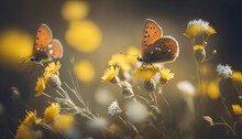 AI Generated Illustration Of Butterflies Perched On Vibrant Yellow Flowers