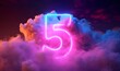 © Dream Big Studios - 3d render, neon linear number five and colorful cloud glowing with pink blue neon light, abstract fantasy background, Generative AI