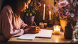Serene moment of a young woman journaling by candlelight surrounded by flowers