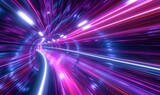 Fototapeta Fototapety przestrzenne i panoramiczne - 3d render, abstract neon background, space tunnel turning to left, ultra violet rays, glowing lines, virtual reality jump, speed of light, space and time strings, highway night, Generative AI