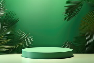 Wall Mural - empty podium with tropical palm leaves for cosmetic product presentation.