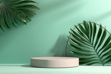 Wall Mural - minimalistic tropicalthemed cosmetic product display.