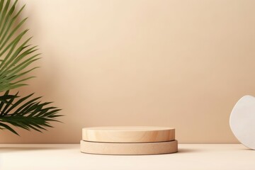 Wall Mural - minimal modern product display with wood podium and green leaves.