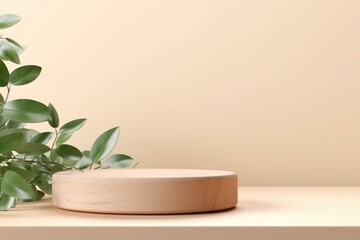 Wall Mural - minimal modern product display with wood podium and green leaves.