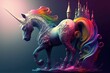 AI generated illustration of a white mythical creature with a long mane of rainbow-colored hai