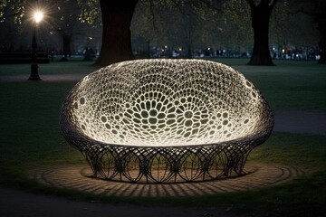 AI generated illustration of a black bench in a form of a spider web is illuminated by a streetlight