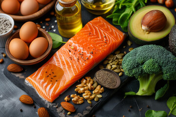 Wall Mural -  foods rich in omega 3. red fish steak, olive oil, avocado, walnuts, eggs, flax seeds and chia seeds, broccoli. healthy eating concept. nutritional value of foods. selective focus