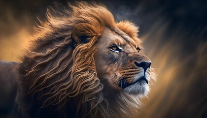 Canvas Print - a close up of a lion's face with light streaming from the mane