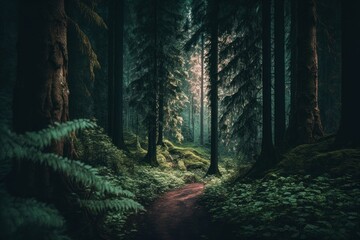 Poster - AI generated illustration of A winding path passes through a forest with ferns,mossand jagged rocks