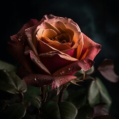 Sticker - AI generated illustration of a red rose against black background covered in sparkling water droplets