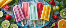 Colorful Assorted Fruit Popsicles on Ice
