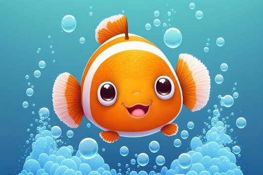 AI-generated illustration of a cartoon fish surrounded by bubbles in a blue water background.