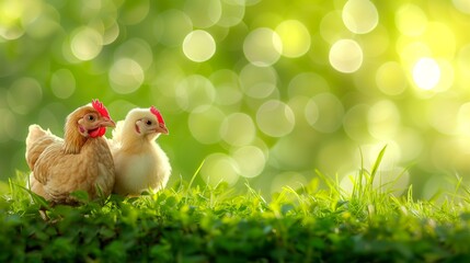 A banner with little chickens in the grass. Background with two brown chicks in a meadow, copy space, bokeh effect.