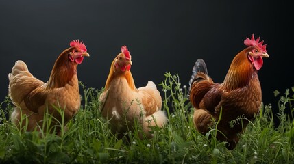 a banner with chickens in the grass on black background. background with two brown chickens and roos