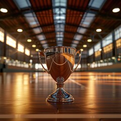 Poster - golden trophy winner cup blurred background of sports ground hall