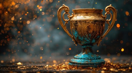 Poster - Golden trophy winner cup blurred background of sports ground hall