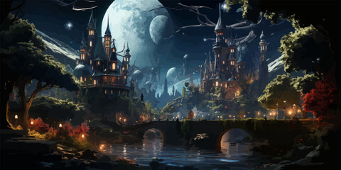 Wall Mural - fantasy city,fairy town with big trees,landscape illustration