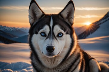 Wall Mural - AI generated illustration of a majestic dog standing in a tranquil snowy field