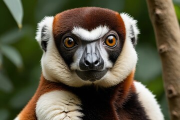 Poster - Adorable red and white lemur perched on a tree branch, AI-generated.