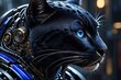 An AI illustration of a cat with a black leather head piece and blue eyes