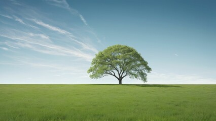 Wall Mural - An AI illustration of a lone tree sitting in a green field under a blue sky