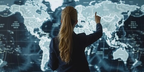Aufkleber -  A Businesswoman Interacts with a Futuristic Digital World Map, Planning and Analyzing International Data, Generative AI