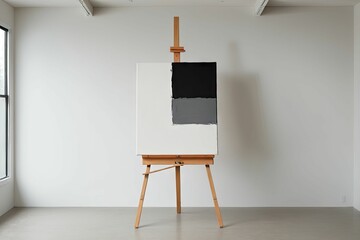 Wall Mural - An AI illustration of an easel sitting in front of an empty wall with a black and white painting