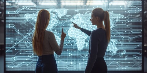 Aufkleber -  A Businesswoman Interacts with a Futuristic Digital World Map, Planning and Analyzing International Data, Generative AI