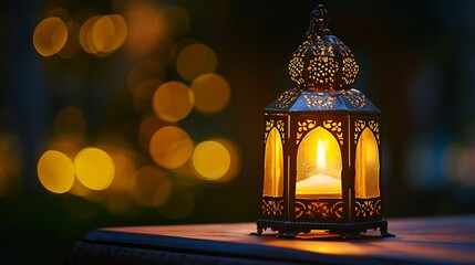 Traditional Arabic lantern lit up for celebrating holy month of Ramadan. Bokeh lights surrounding Ramadan concept