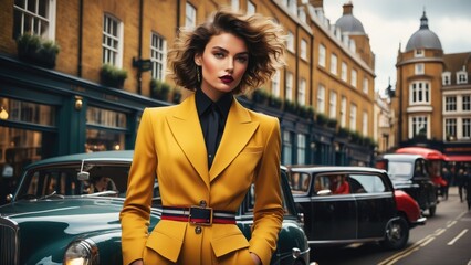 AI-generated illustration of a beautiful young woman wearing a yellow blazer in a city setting