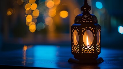 Traditional Arabic lantern lit up for celebrating holy month of Ramadan. Bokeh lights surrounding Ramadan concept