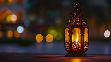 Traditional Arabic lantern lit up for celebrating holy month of Ramadan. Bokeh lights surrounding Ramadan concept