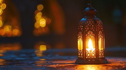 Traditional Arabic lantern lit up for celebrating holy month of Ramadan. Bokeh lights surrounding Ramadan concept