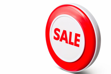 a vibrant red button with the word sale isolated on a bright white background signifying a promotional event