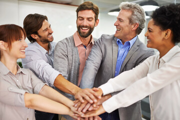 Wall Mural - Collaboration, smile and business people with hands in huddle at office for meeting, motivation or support. Teamwork, goals and target with happy employee group in workplace for celebration of bonus