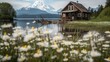 AI generated illustration of a tranquil cabin on the shore of a lake covered in daisies