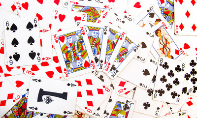 Poker of Kings. Card games. Zenithal view on French-suited decks. Background and backdrop with poker cards for casino and gambling games. Ideal for texture and pattern.