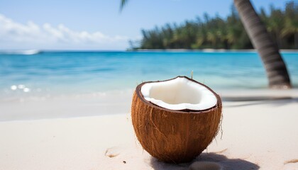 Wall Mural - coconut on the beach. coconut on a sandy beach in tropical location during summertime. Sunshine and coconuts. Blue ocean