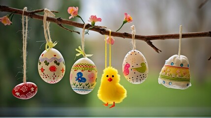  AI generated illustration of a vibrant display of Easter eggs and spring blossoms on a branch