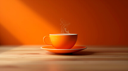 Nice orange cup over beautiful orange background. Coffee or tea with smoke.