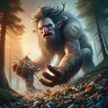 AI generated illustration of a menacing troll character standing in a dismal forest