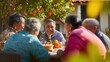 Cheerful senior hispanic or latino elderly retired people neighborhood gathering outdoors talking and smiling together