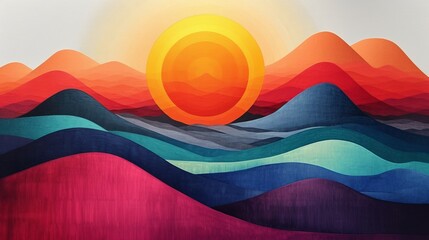 Wall Mural - Abstract oil painting that vividly depicts a sunrise over Mountain.