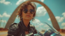 A Lady In Sunglasses Is On A Motorcycle In The Desert