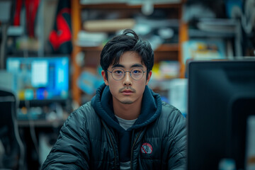 Asian male programmer sitting front of computers with coded data